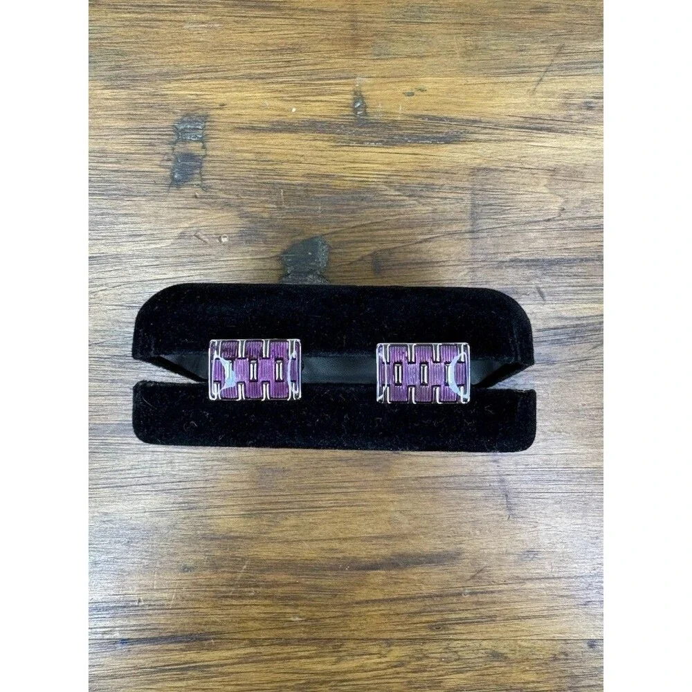 LINK UP Men's Cufflinks Purple Enamel Silver Tone Cage Grid Woven Boxed Vintage